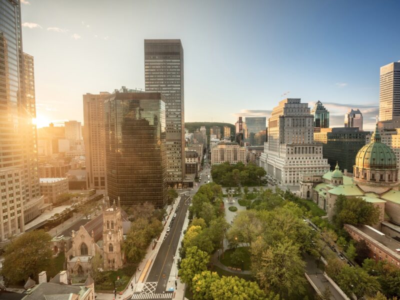 Downtown city skyline daytime view of Montreal Canada